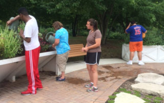 Volunteers watering plants