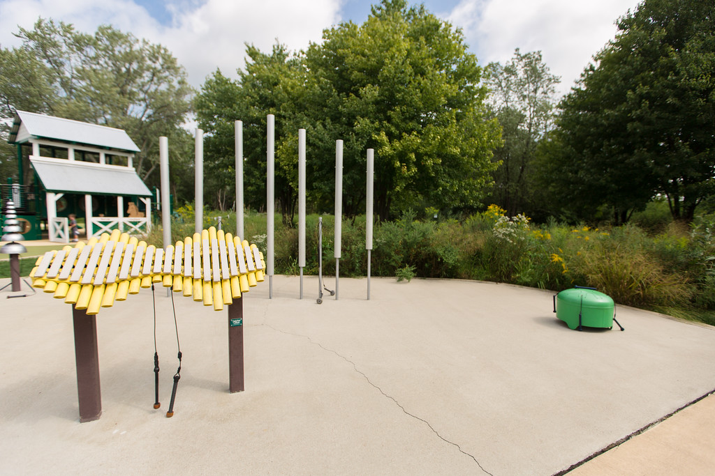 four sound-producing playground equipment pieces in the Sound Garden