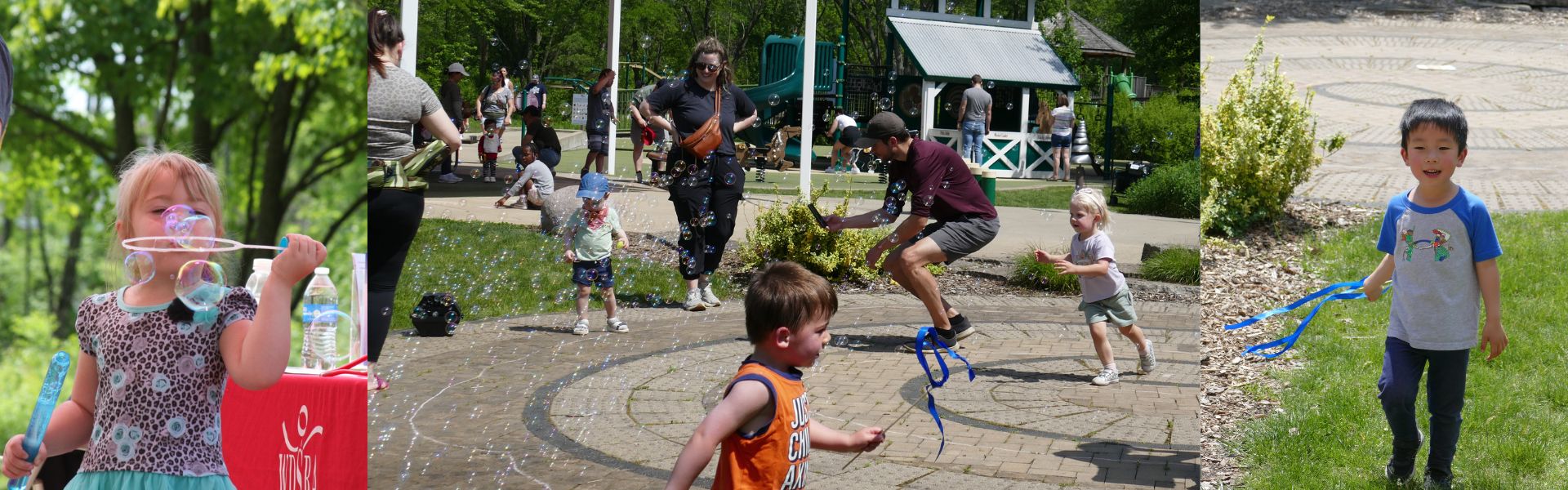 Children playing with bubbles and party streamers