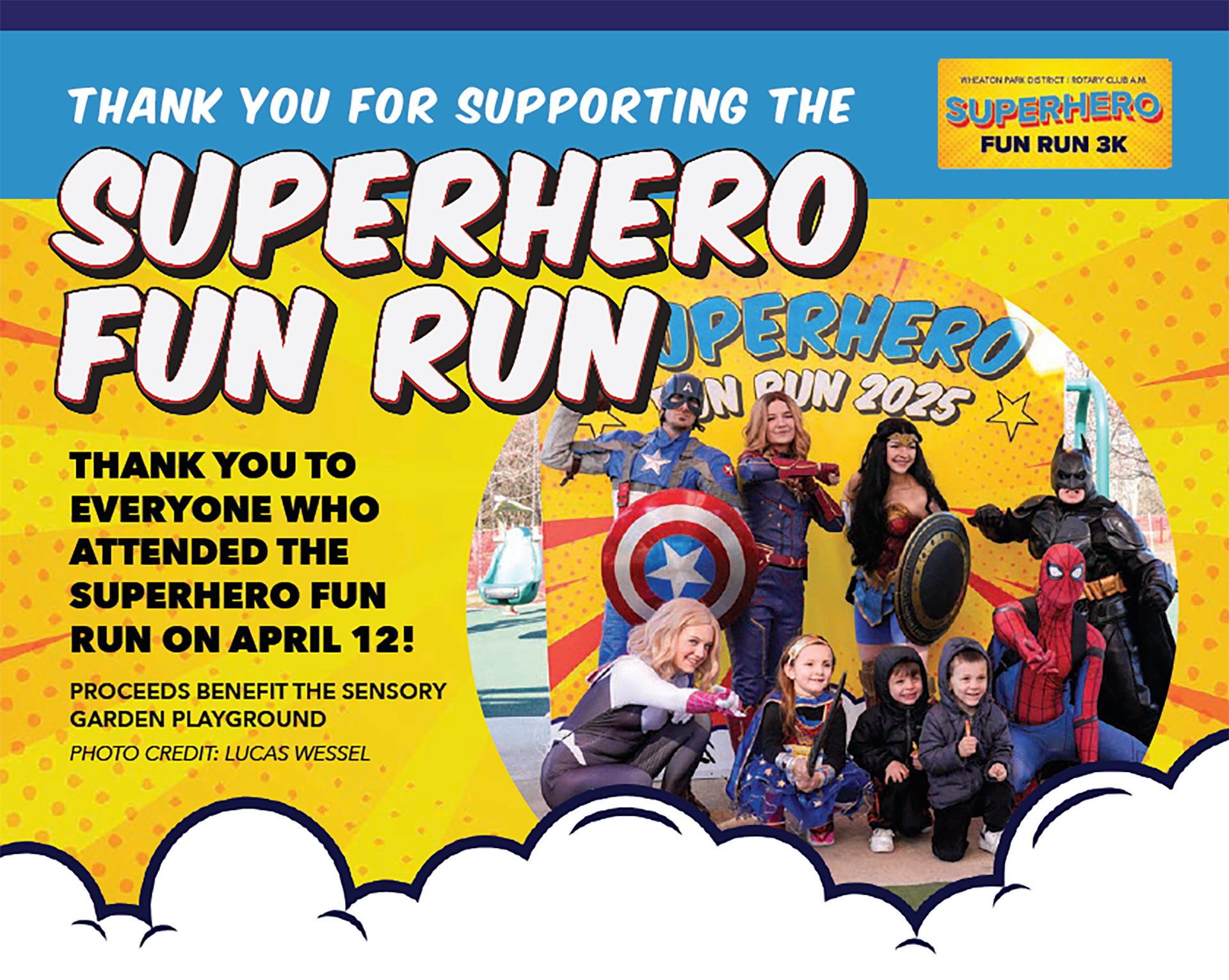superhero-fun-run Cartoon children doing fun activities with text Fun by all at the 2024 play days